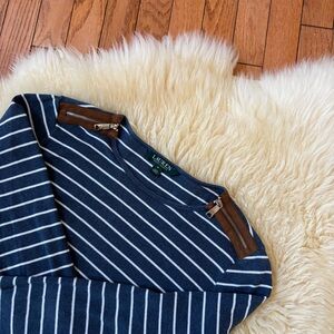 Ralph Lauren Stripe Ribbed Long Sleeve Top with Zipper Accents
